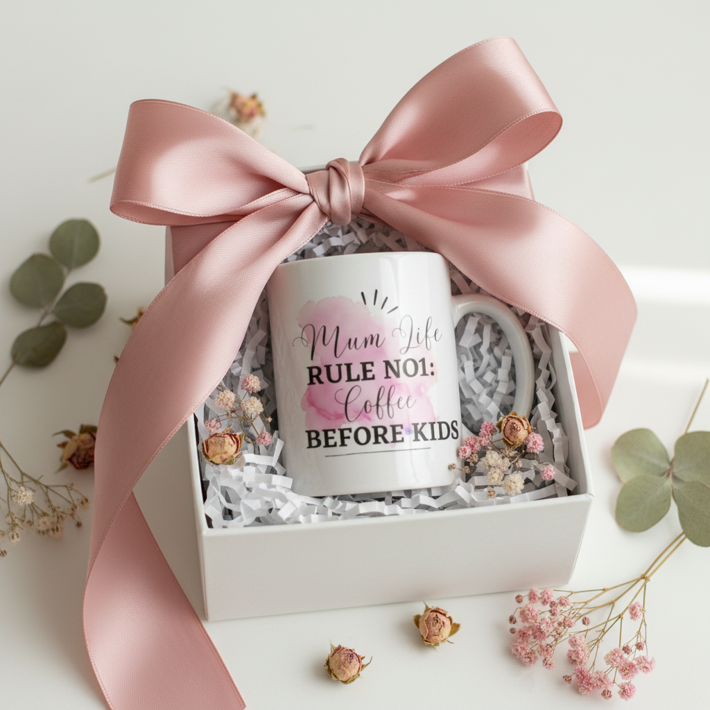 Coffee mug in white gift box tied with large pink satin bow, 'Mum Life Rule No 1' text