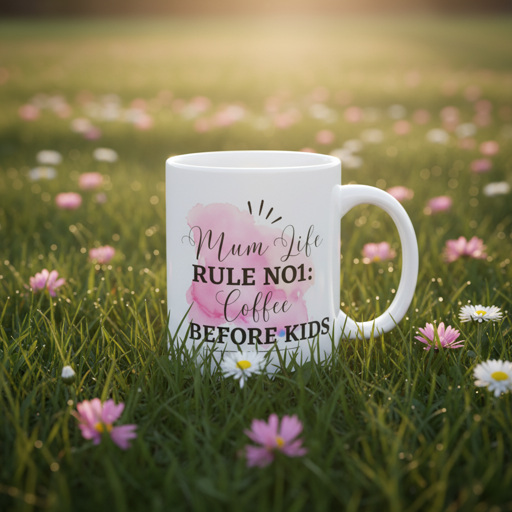 White ceramic coffee mug in flowered grass with pink 'Mum Life Rule No 1' text