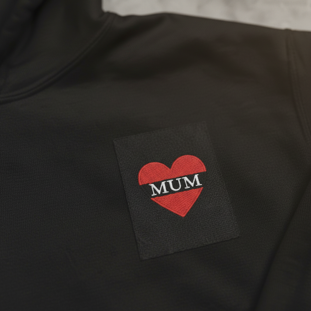 Black hoodie with red heart patch and stitched 'MUM' lettering at back