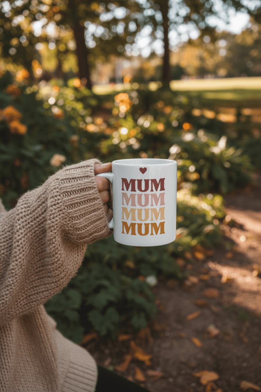 White mug held by hand with stacked MUM text and small heart above