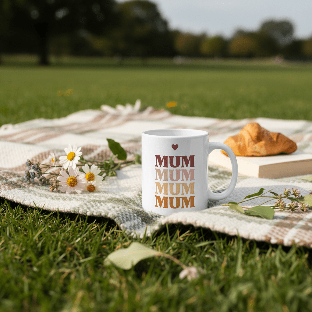 White mug with stacked MUM text and small heart above, cup handle visible