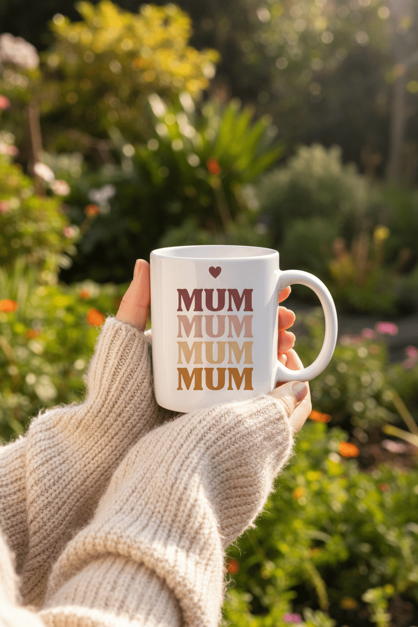 White mug with stacked MUM wording and small heart icon on the front