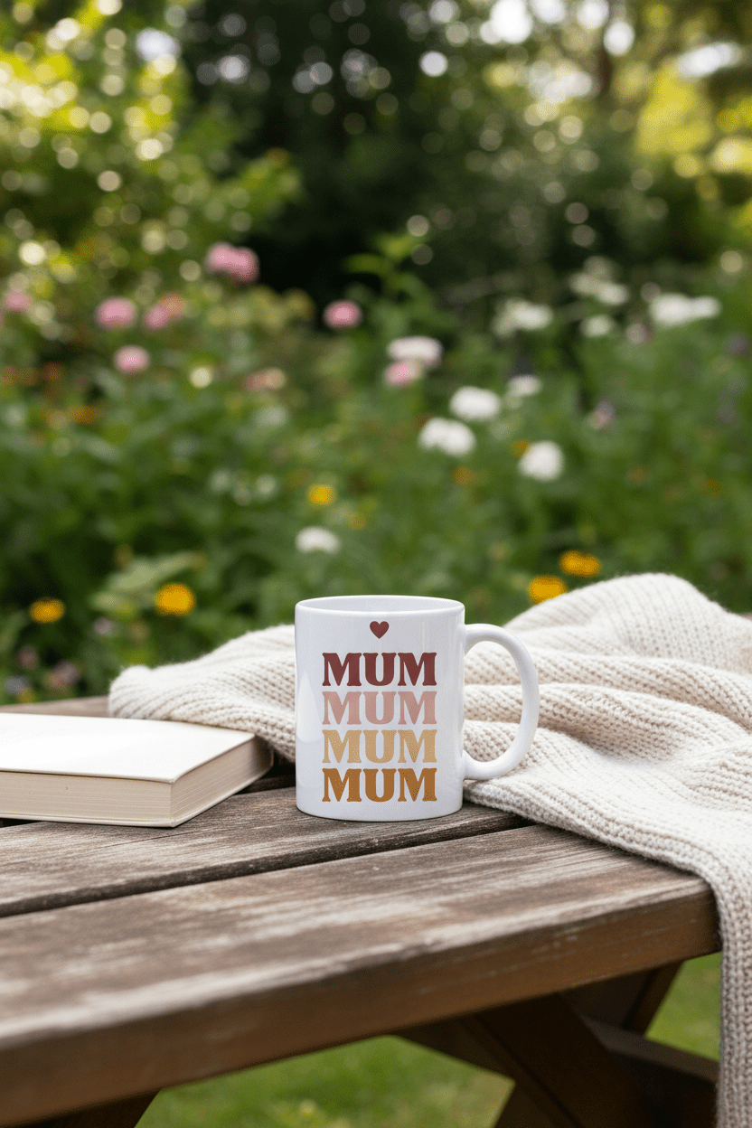 White mug on wooden surface with stacked MUM text and small heart above