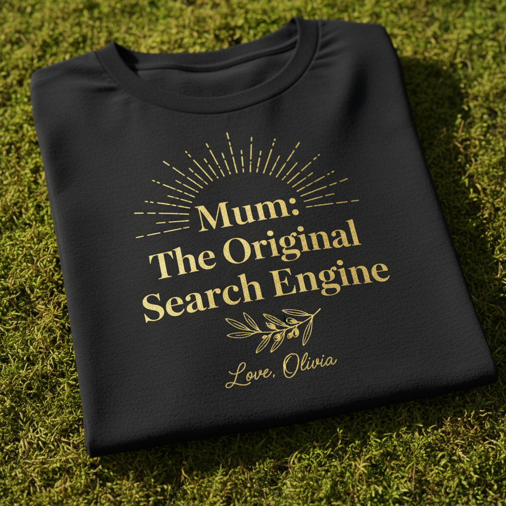 Black T-shirt with gold “Mum: The Original Search Engine” and “Love Olivia”