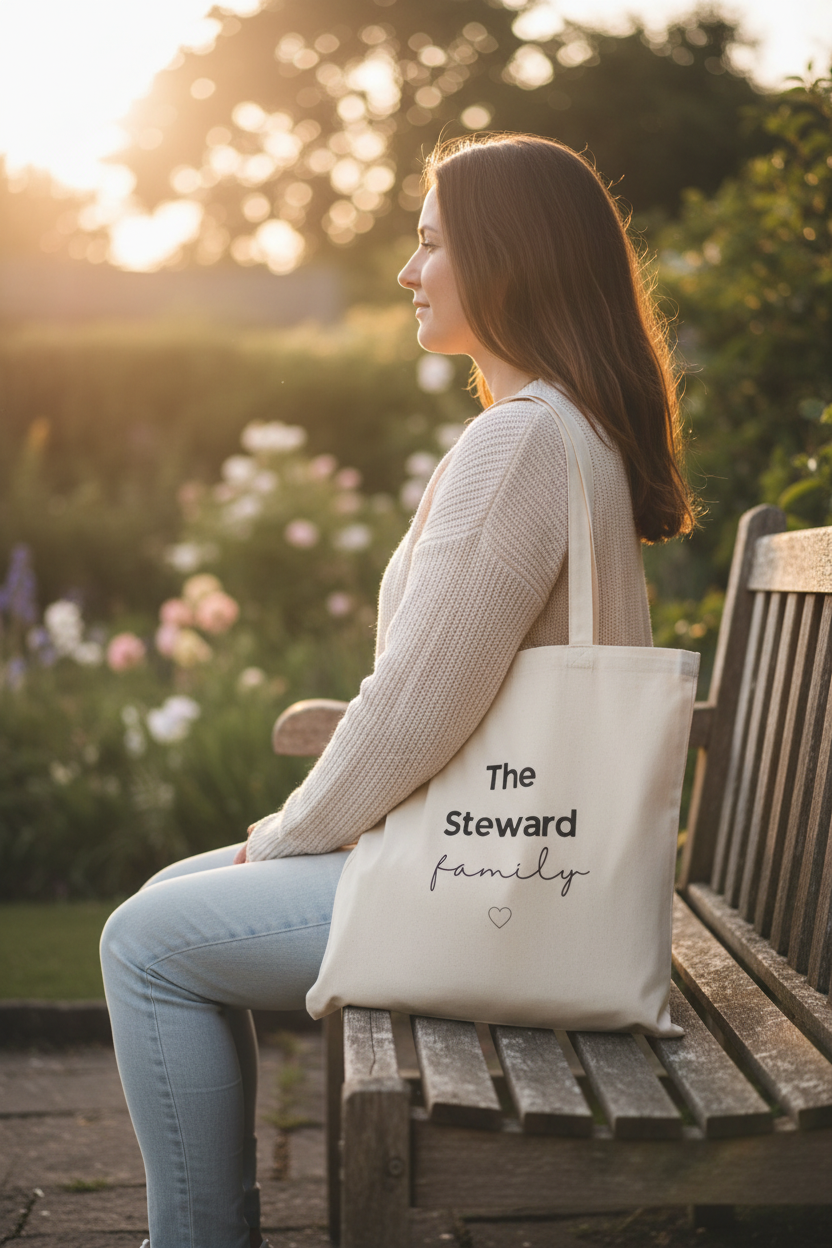Natural canvas tote bag with “The Steward family” text and heart on front