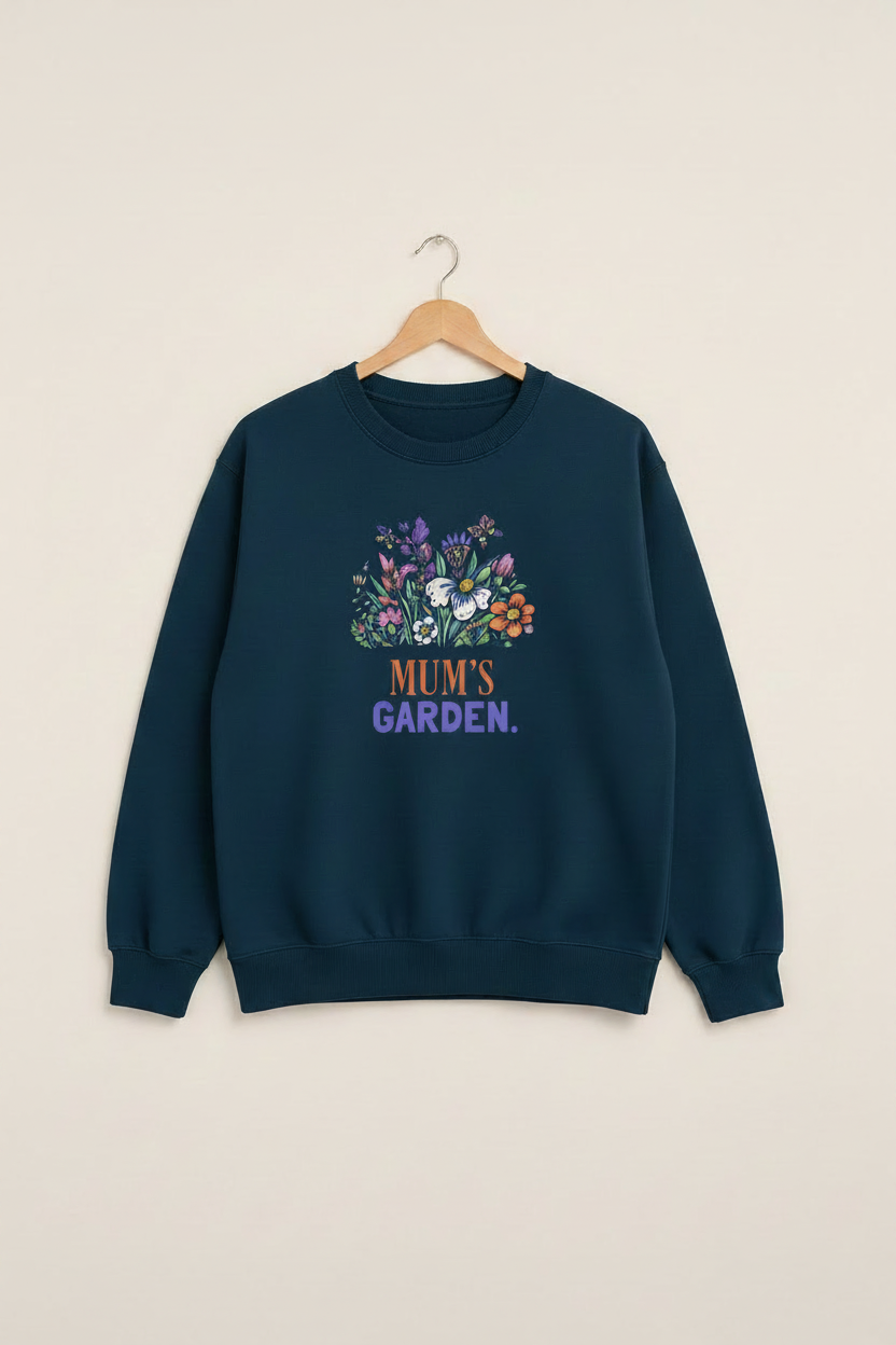 Navy crewneck sweatshirt with floral “Mum's Garden” name print on front