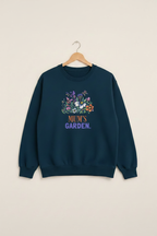 Navy crewneck sweatshirt with floral “Mum's Garden” name print on front