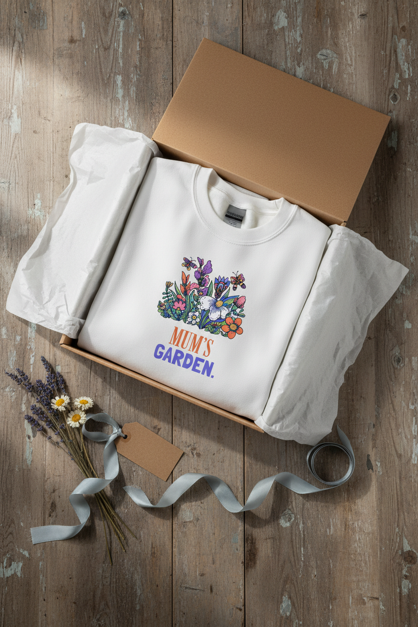 Personalized garden crewneck sweatshirt in white with floral graphic and “MUM’S GARDEN” text.