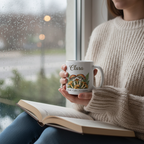 Personalised white ceramic mug with Clara name and botanical mushroom illustration
