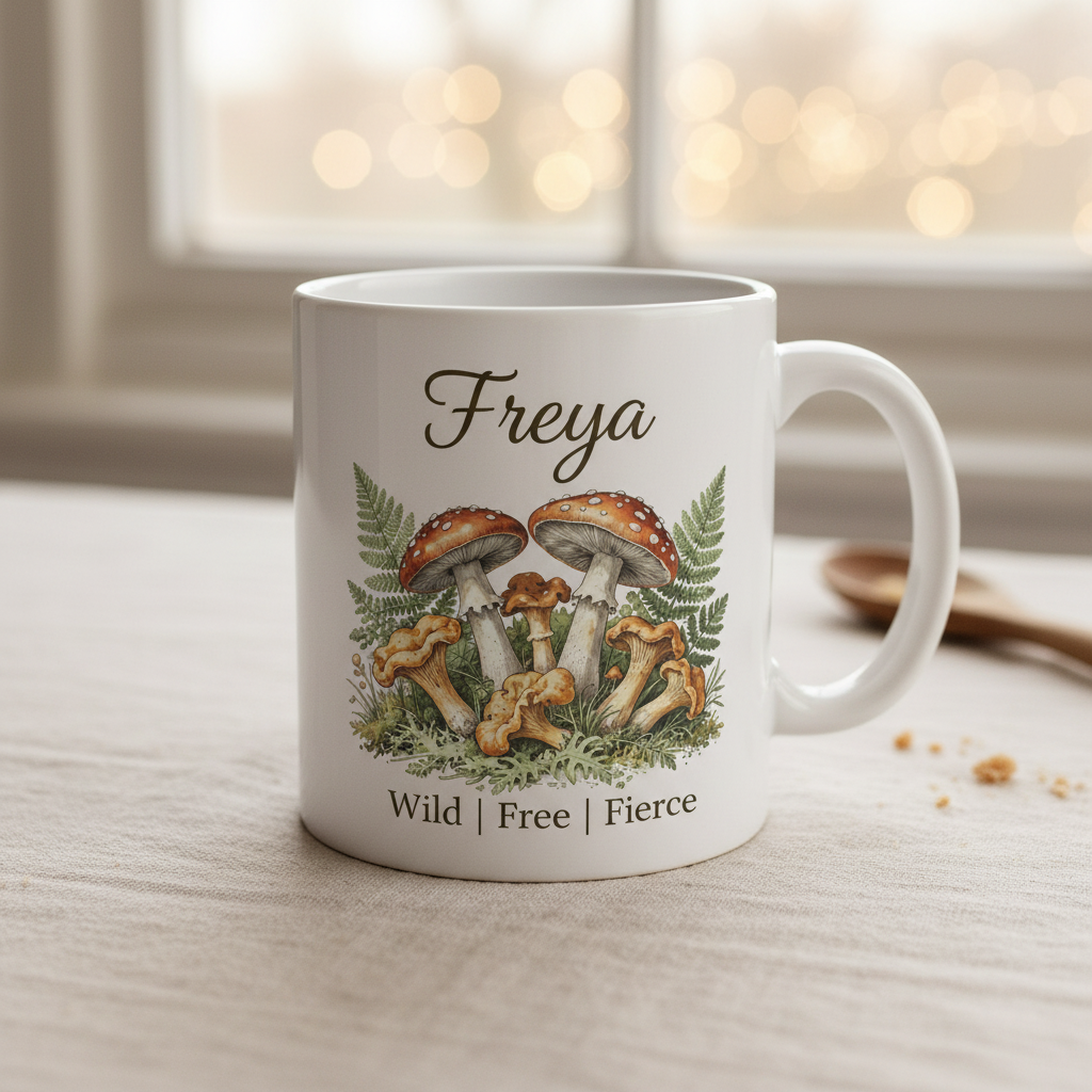 Personalised white ceramic mug with Freya name and botanical mushroom illustration