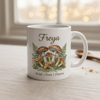 Personalised white ceramic mug with Freya name and botanical mushroom illustration