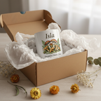 Personalised white ceramic mug with Isla name and botanical mushroom illustration