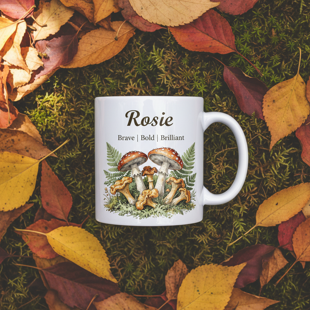Personalised white ceramic mug with Rosie name and botanical mushroom illustration