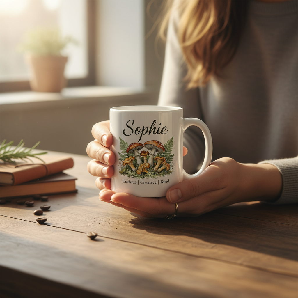 Personalised white ceramic mug with Sophie name and botanical mushroom illustration