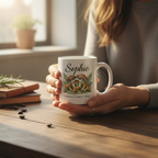 Personalised white ceramic mug with Sophie name and botanical mushroom illustration