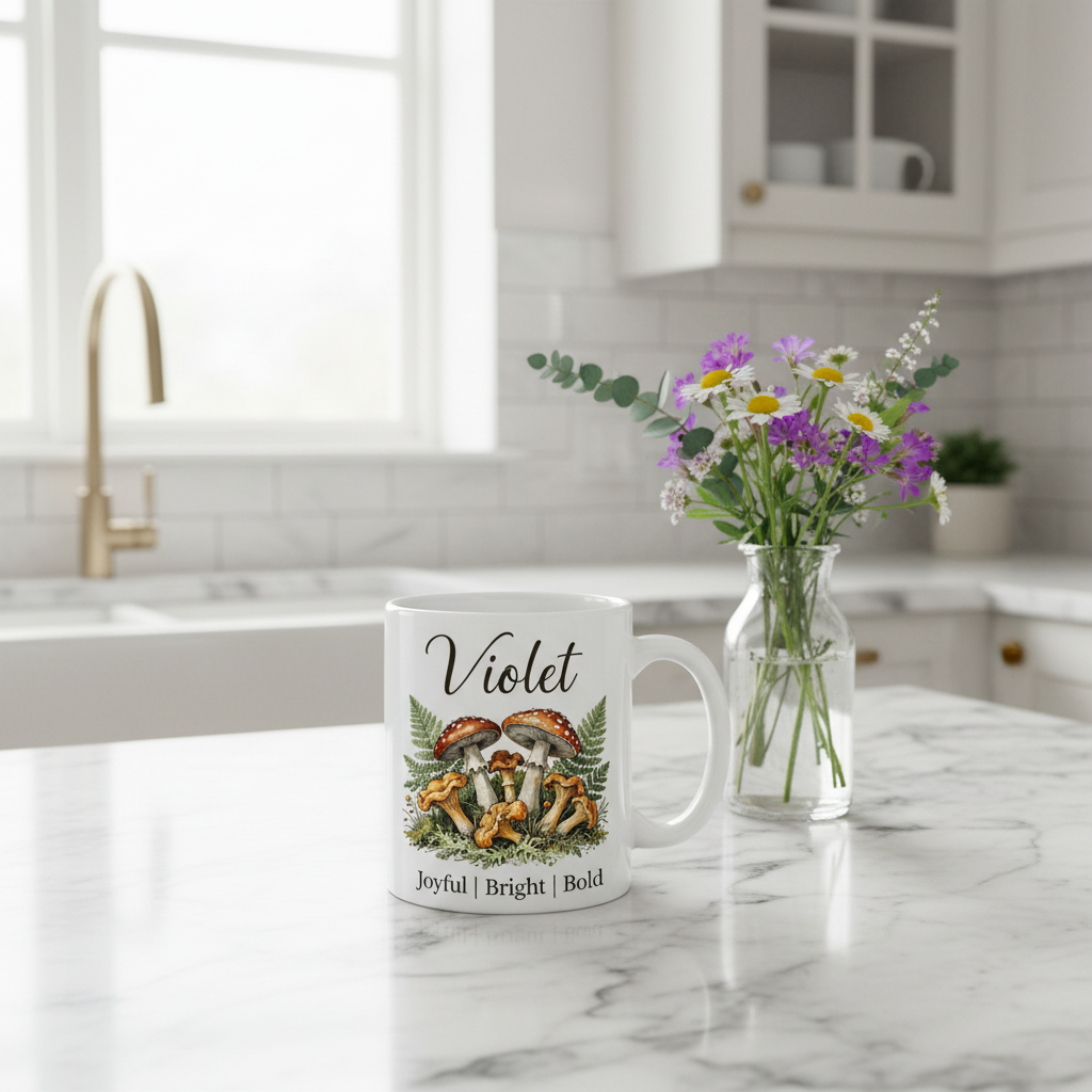 Personalised white ceramic mug with Violet name and botanical mushroom illustration