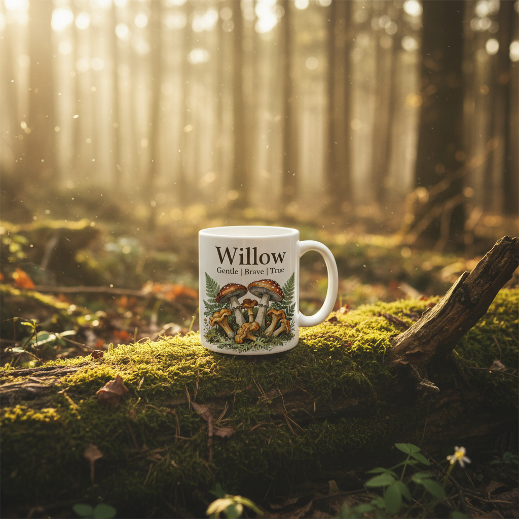 Personalised white ceramic mug with Willow name and botanical mushroom illustration