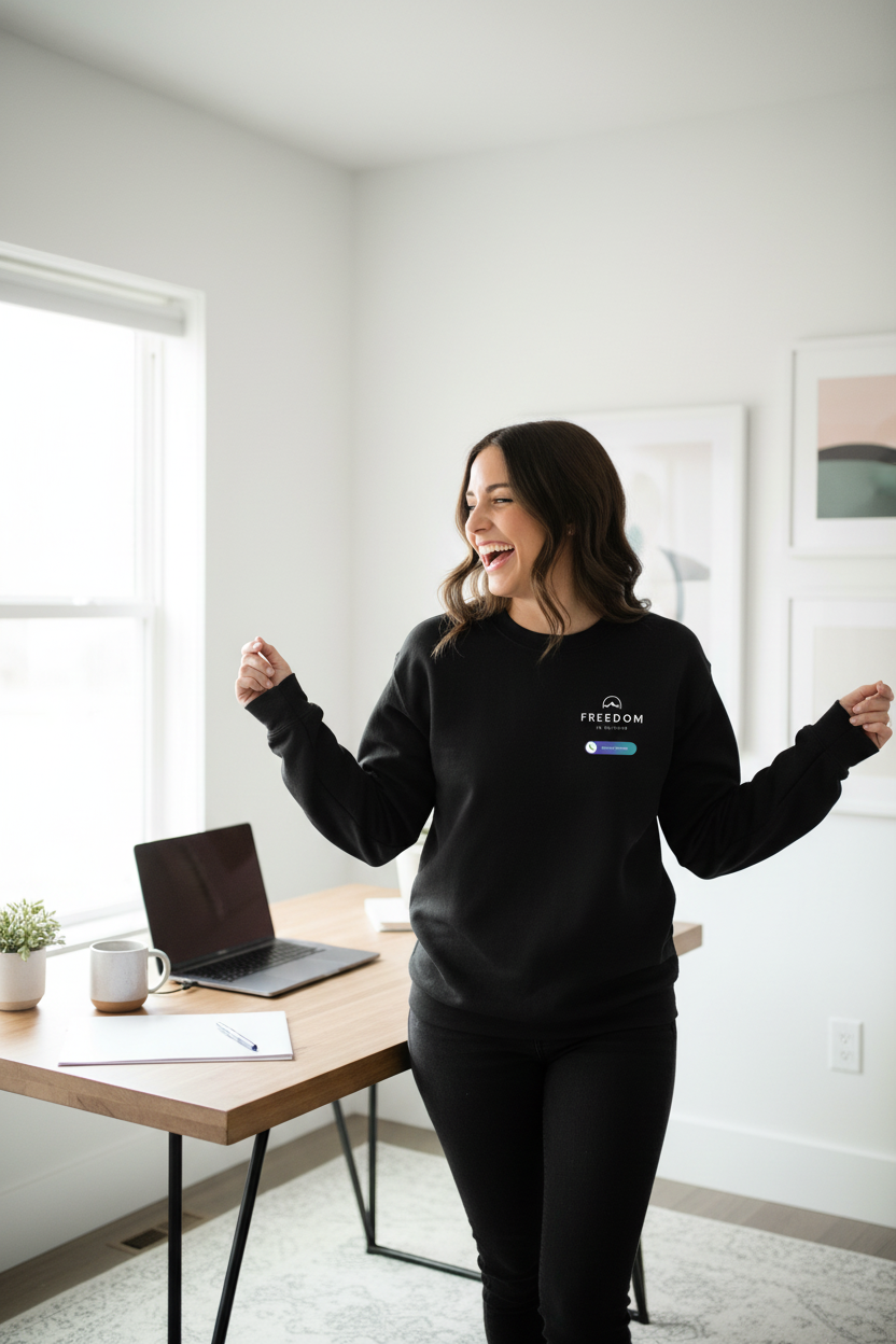 Black crewneck sweatshirt with printed chest logo and long sleeves