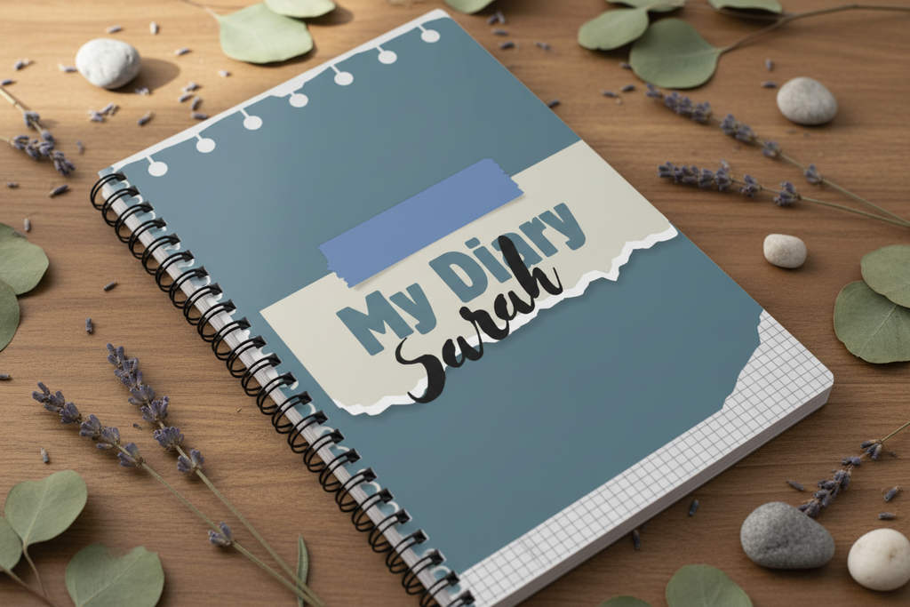 My Diary Sarah notebook close-up with natural elements