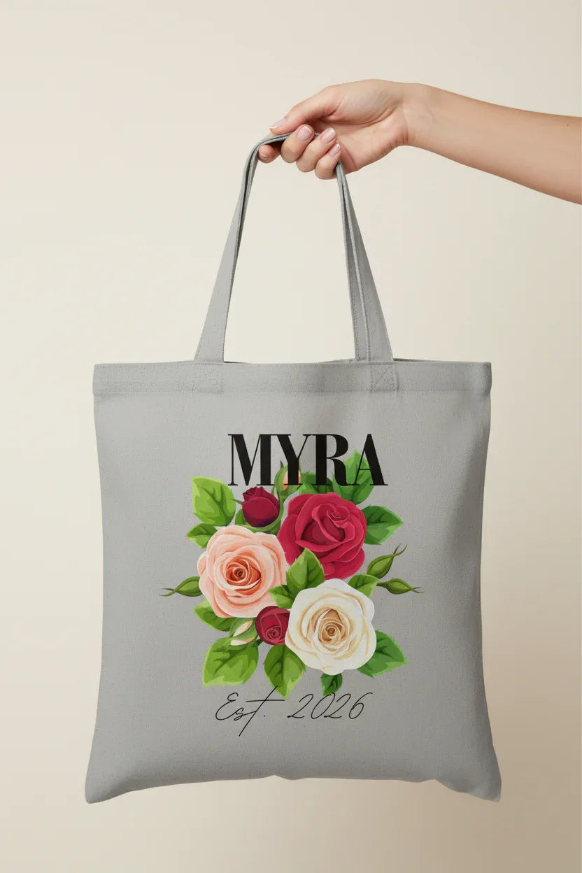 Personalised Floral Tote Bag | Custom Name, Text & Date | Choose Rose Colours | Eco Gift - Alley Crafters