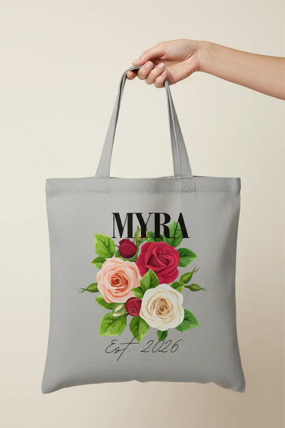 Personalised Floral Tote Bag | Custom Name, Text & Date | Choose Rose Colours | Eco Gift - Alley Crafters