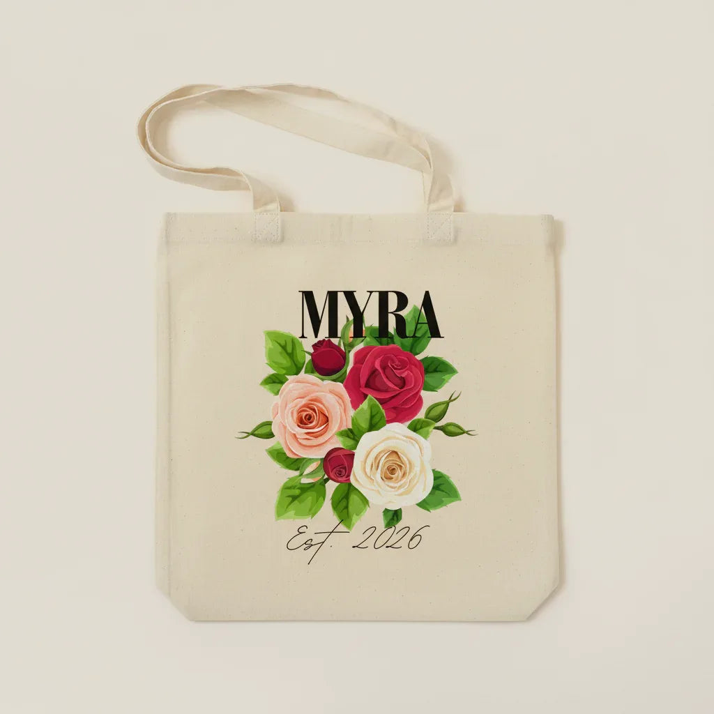 Personalised Floral Tote Bag | Custom Name, Text & Date | Choose Rose Colours | Eco Gift - Alley Crafters