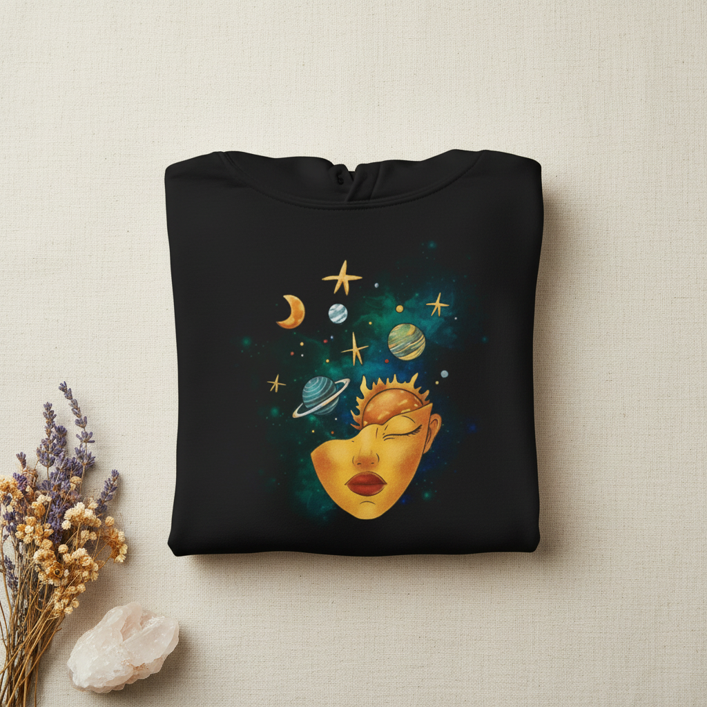 Black pullover hoodie with celestial face, planets, moons, and stars graphic