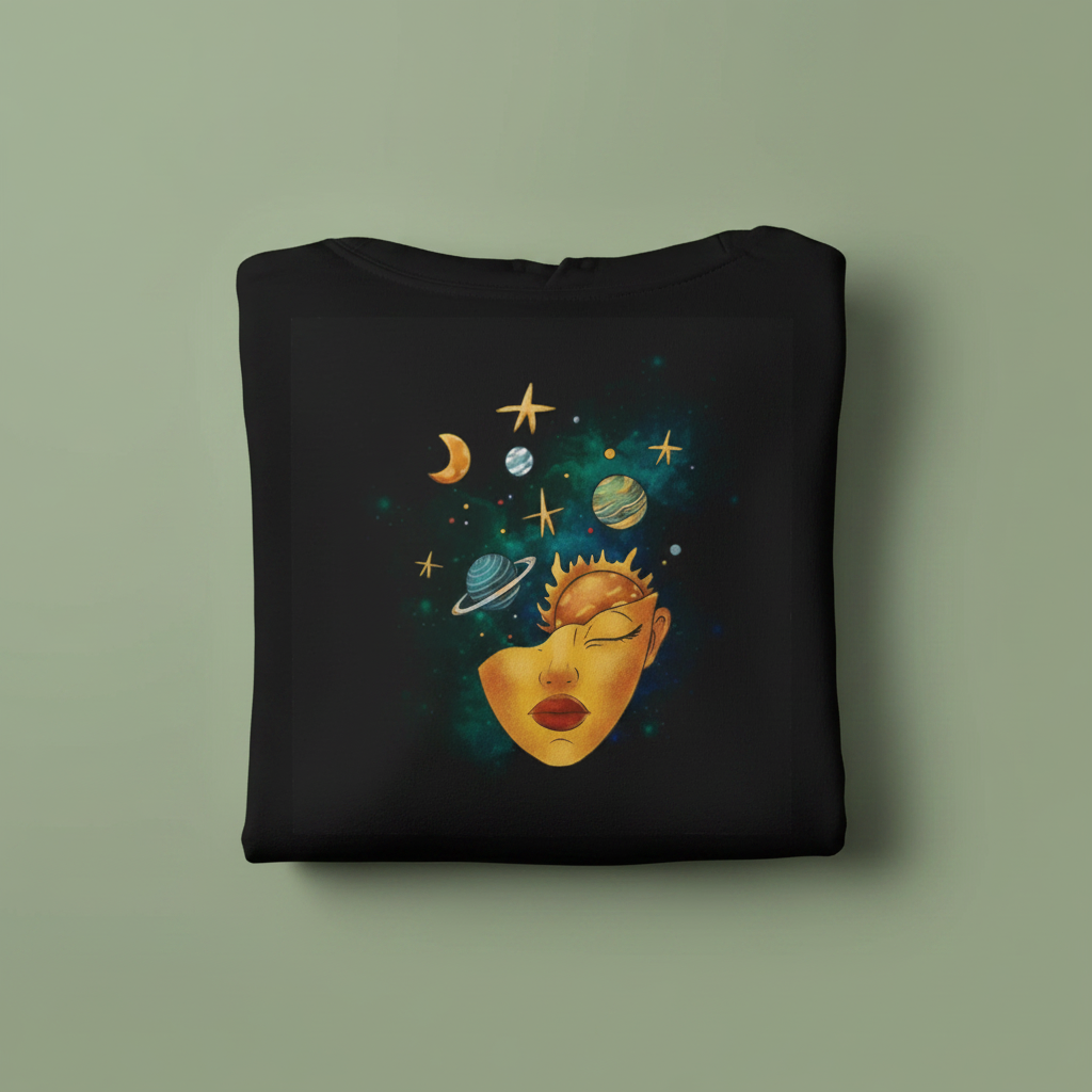 Black hoodie front with space planet and star face print