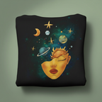 Black hoodie with celestial face and planets graphic on the front