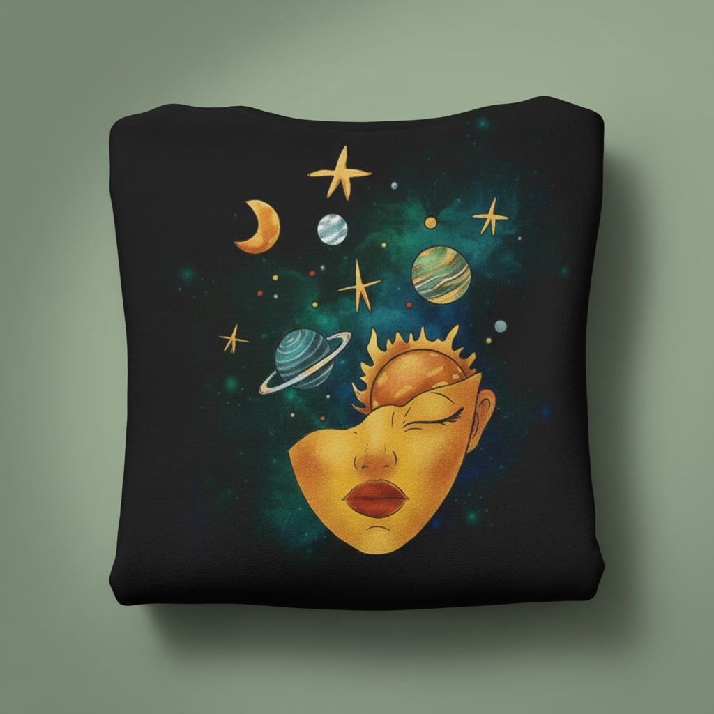 Black hoodie with celestial face and planets graphic on the front