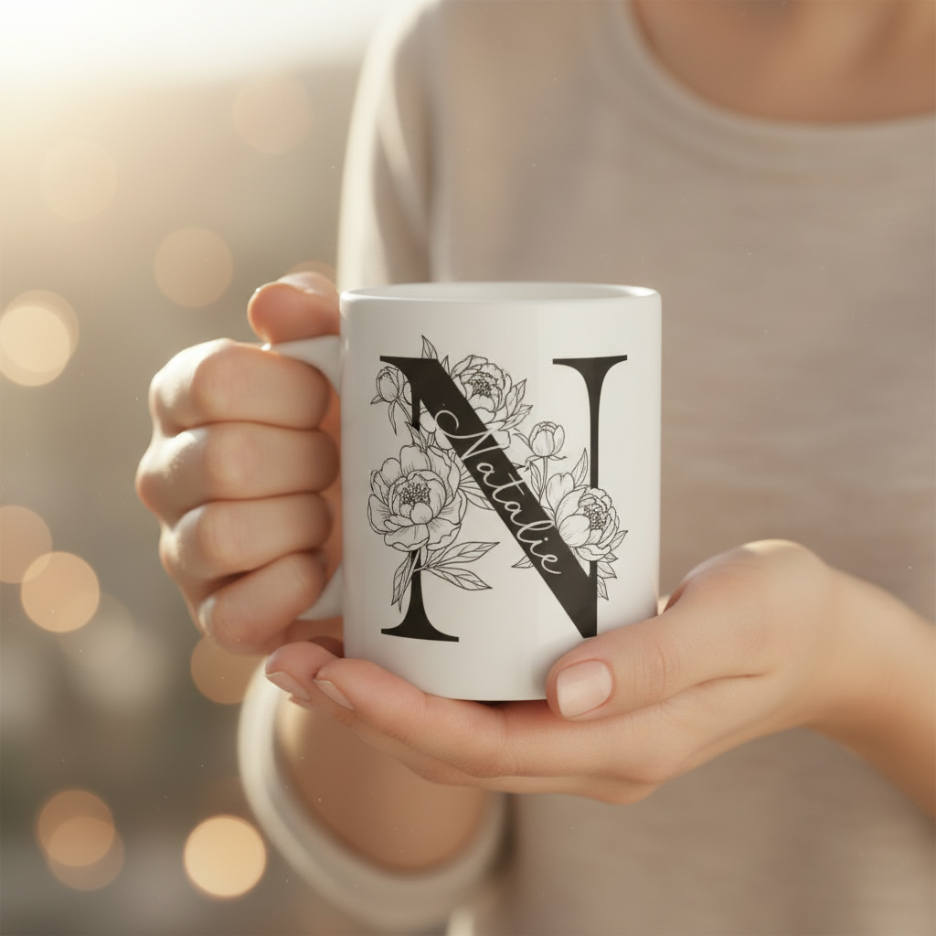 White mug with black letter N and floral line art, held in hands