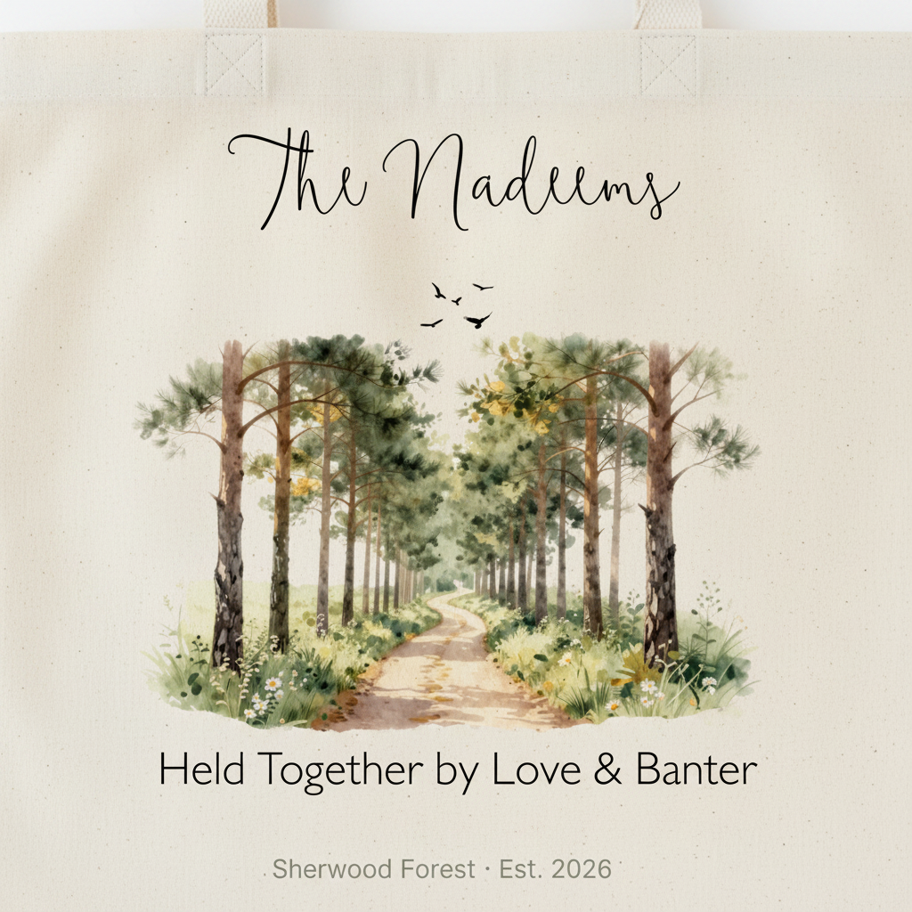 Cream canvas tote bag with illustrated forest path and cursive family name text.