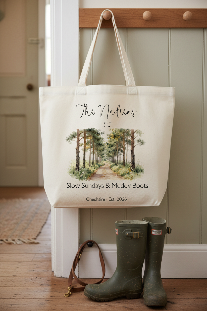 Cream canvas tote bag with illustrated forest path and cursive family name, front view.