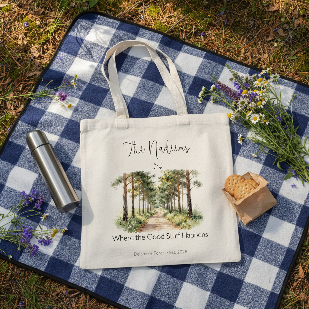 Cream canvas tote bag with illustrated forest path scene and cursive family name.