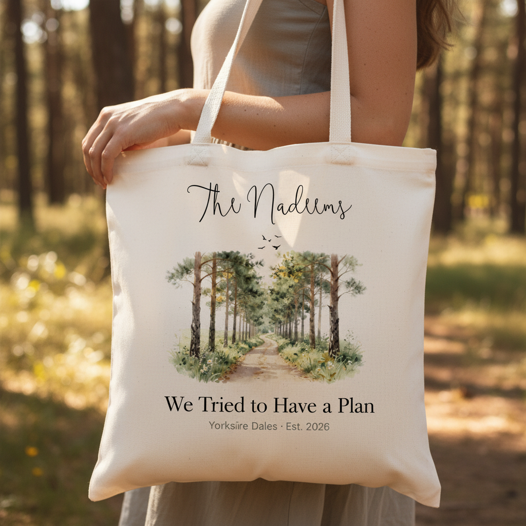 White canvas tote bag held up, with personalized script name and watercolor woodland path print