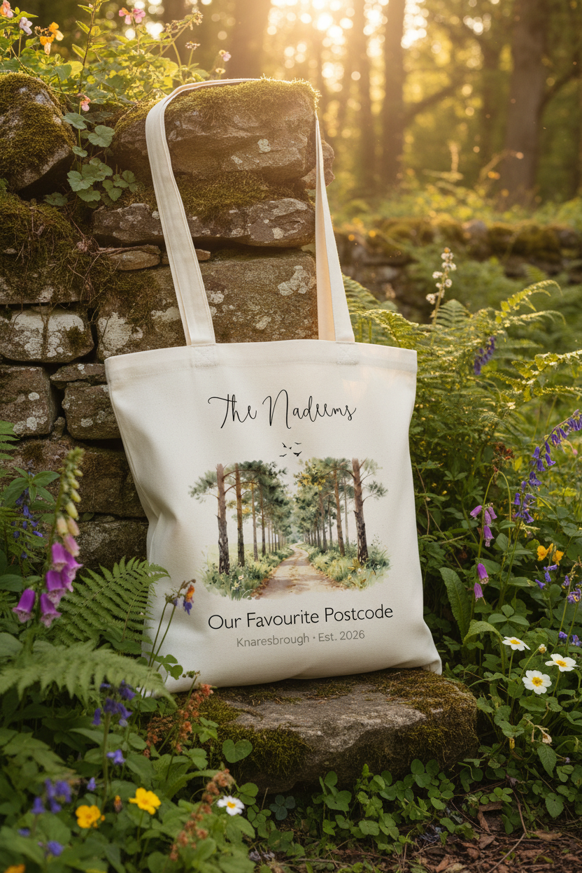 Cream canvas tote bag with illustrated forest path and cursive family name, full front.