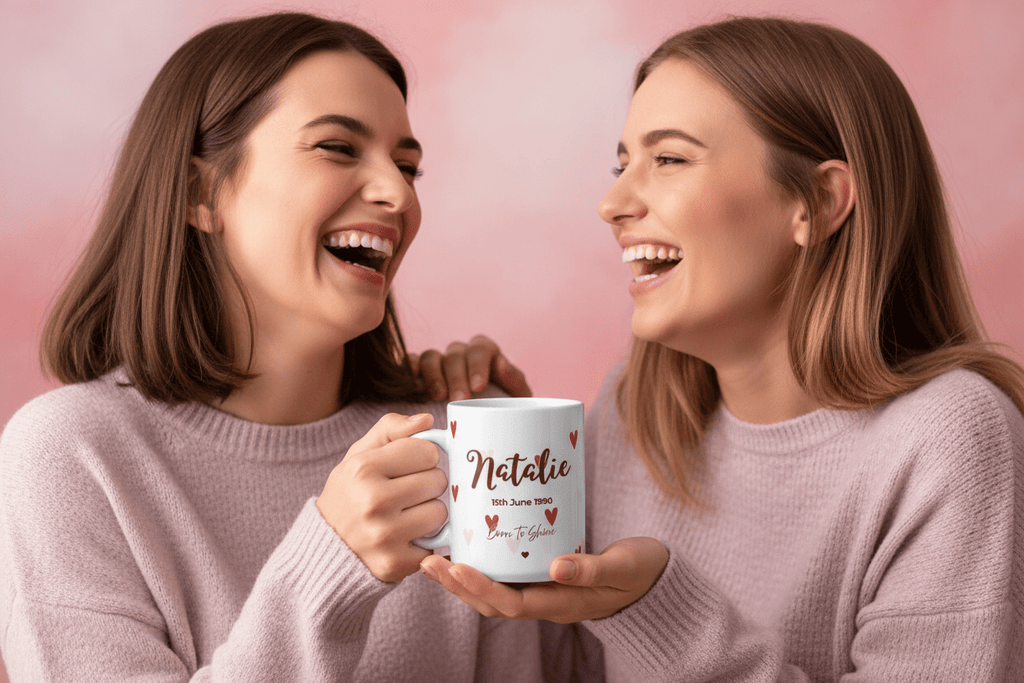 Personalised heart mug, white ceramic with “Natalie” name, date, and red hearts