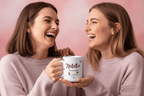 Personalised heart mug, white ceramic with “Natalie” name, date, and red hearts