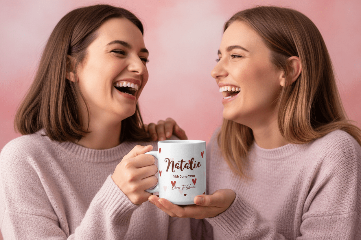 Personalised heart mug, white ceramic with “Natalie” name, date, and red hearts