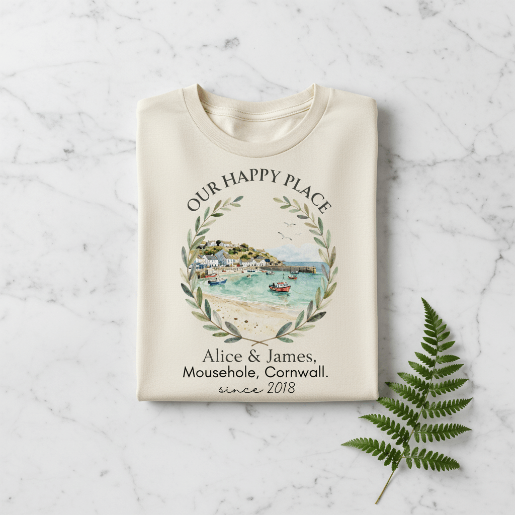 Beige T-shirt with scenic landscape wreath graphic and “Alice & James” since 2018