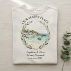 Cream T-shirt with scenic harbor landscape wreath and “Sophie & Ben” since 2021