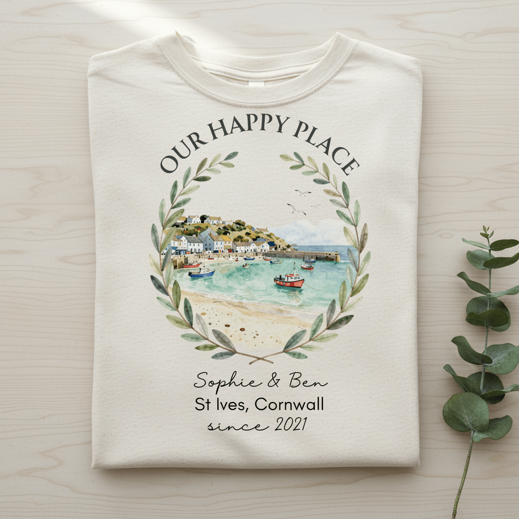 Cream T-shirt with scenic harbor landscape wreath and “Sophie & Ben” since 2021