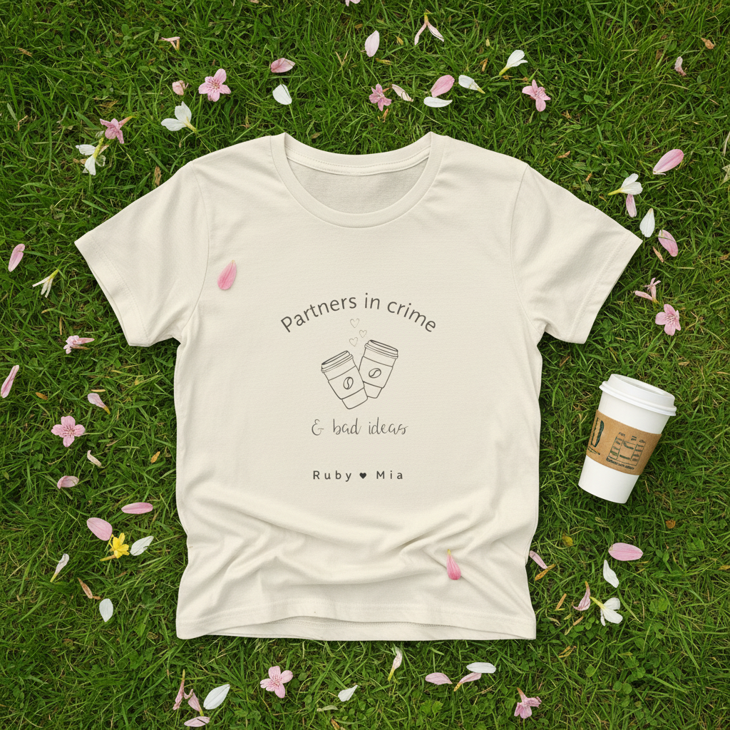Natural cream tee flat lay on grass