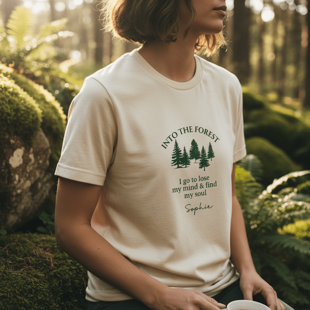 White crew-neck t-shirt with forest tree graphic and quote print at chest