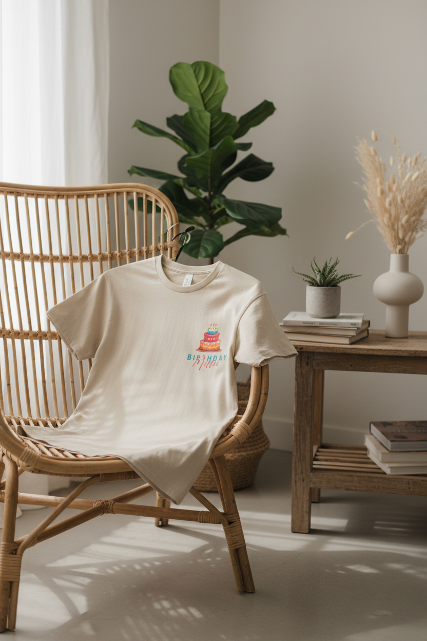 Cream white birthday cake graphic T-shirt with “Birthday Mum” print on chair