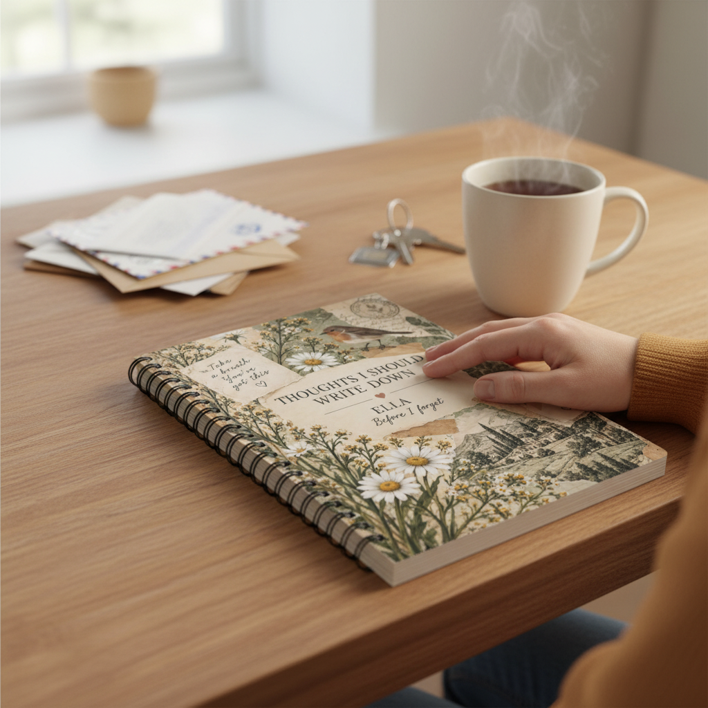Natural-looking UGC mockup of the Ella notebook on a kitchen table