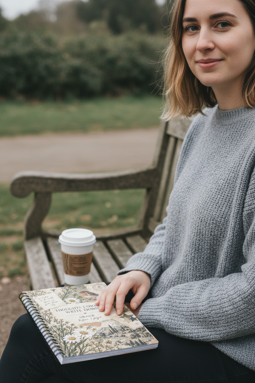 Natural-looking UGC mockup of the Grace notebook on a park bench