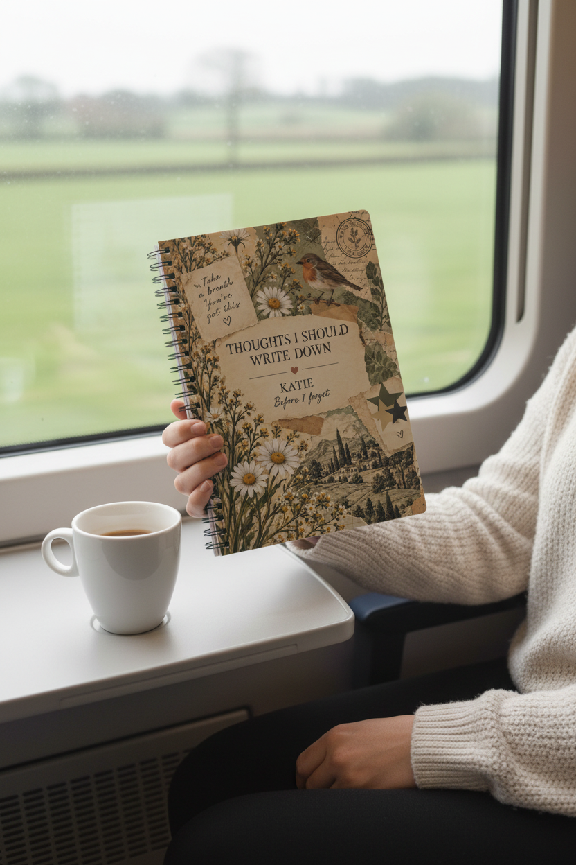 Natural-looking UGC mockup of the Katie notebook on a train