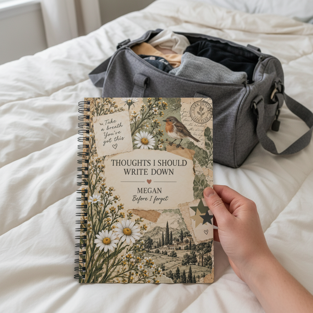 Natural-looking UGC mockup of the Megan notebook with a half-packed bag