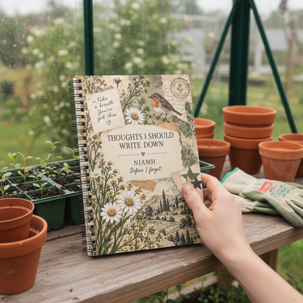 Natural-looking UGC mockup of the Niamh notebook in a greenhouse